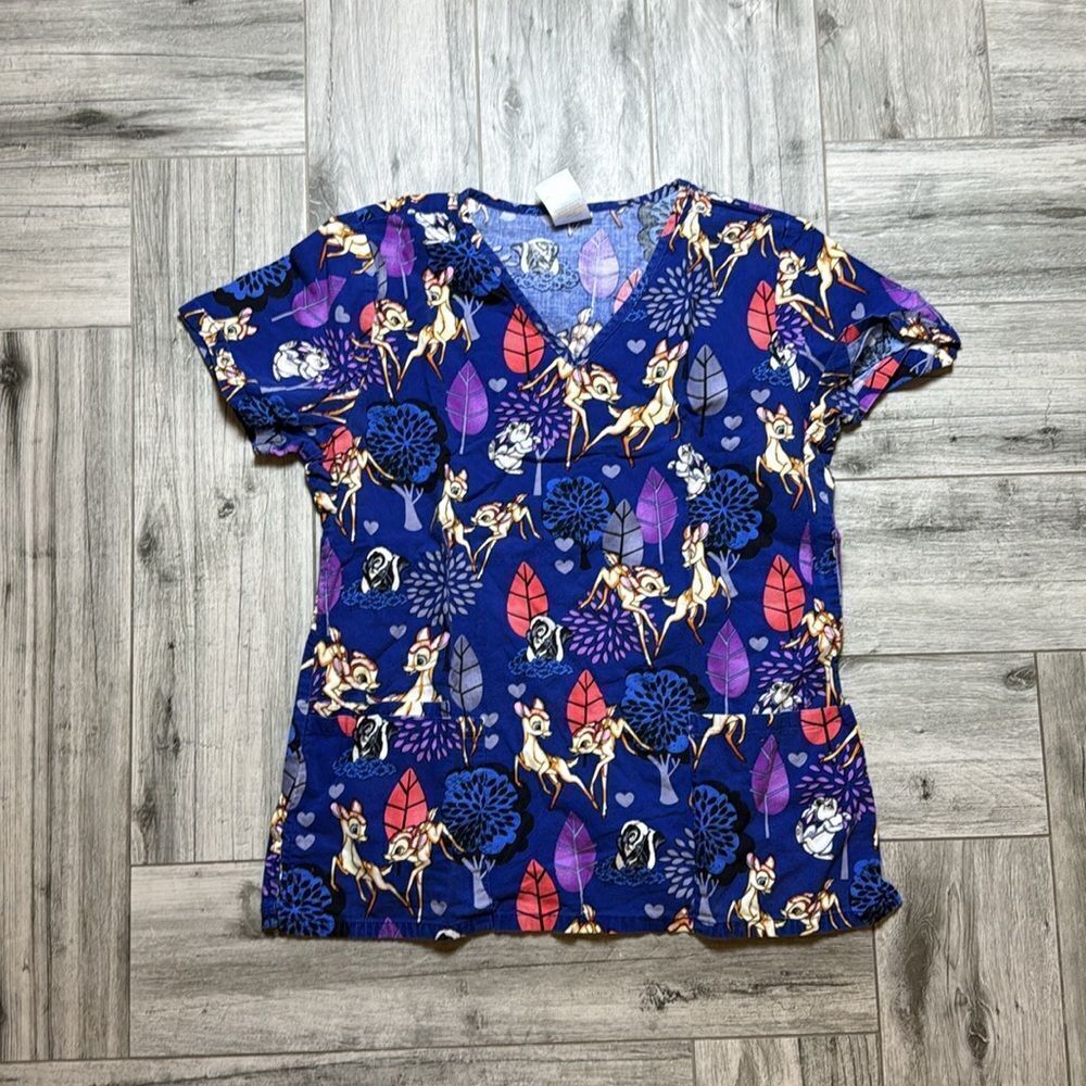 Disney Womens Collection Bambi Crush V-Neck Scrub Top Blue Small